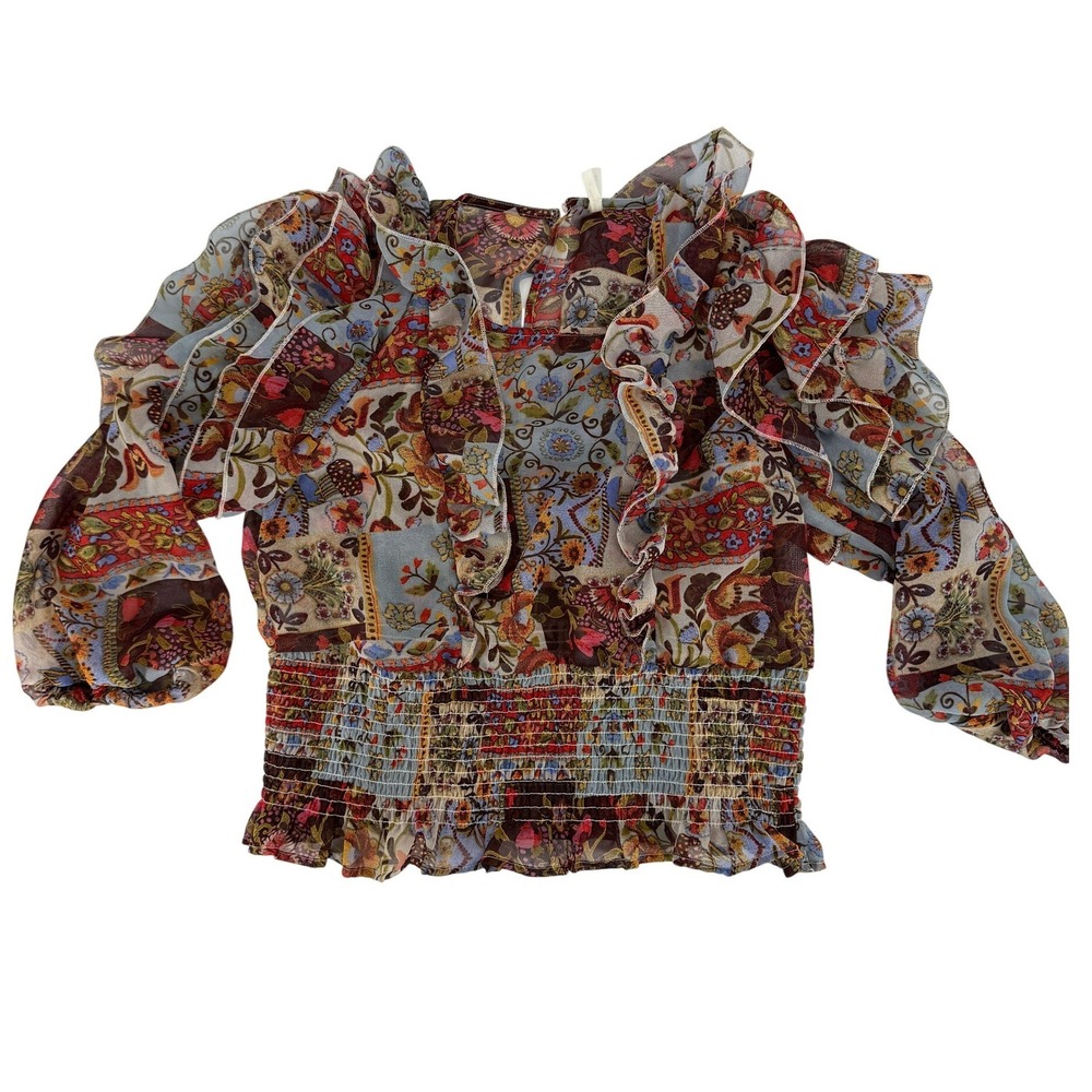 Moon Orchid L Floral Patchwork Ruffle Smocked Waist Blouse Top Large Boho Tiered